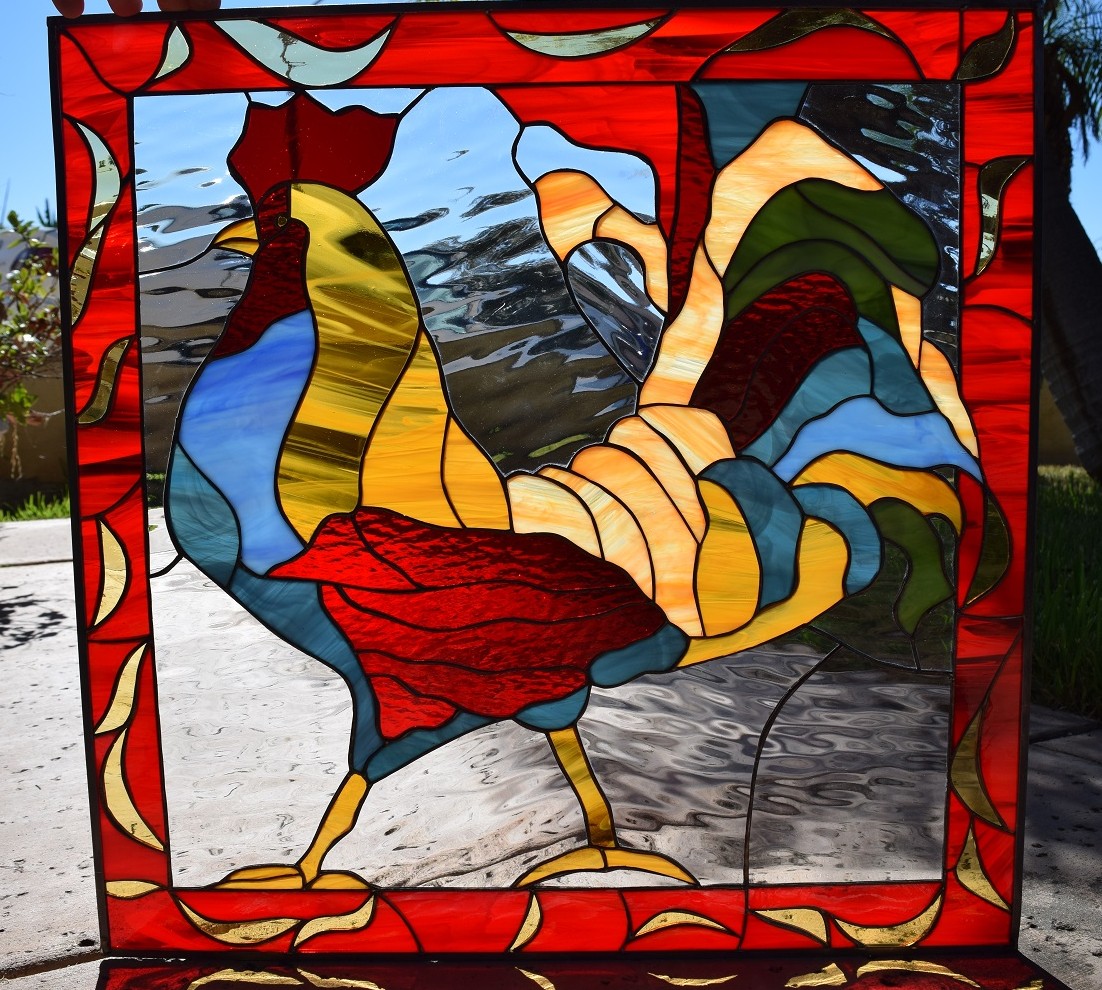 Colorful Rooster Leaded Stained Glass Window Panel