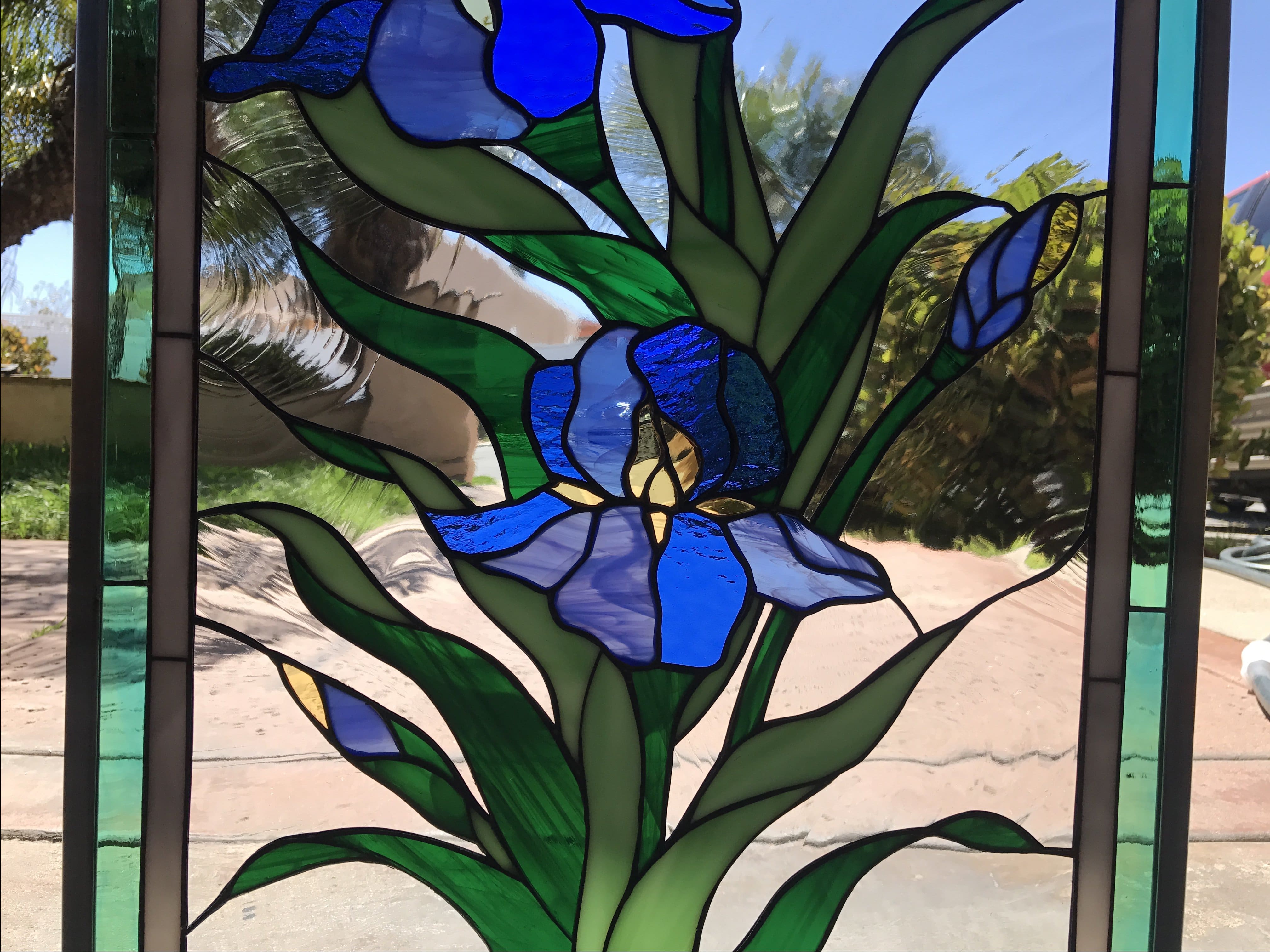 Iris Trio Leaded Stained Glass Window Panel Or Cabinet Insert (Also