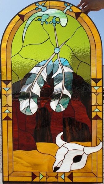 Stained glass Indian Feathers & Lizzard Leaded Stained Glass Window