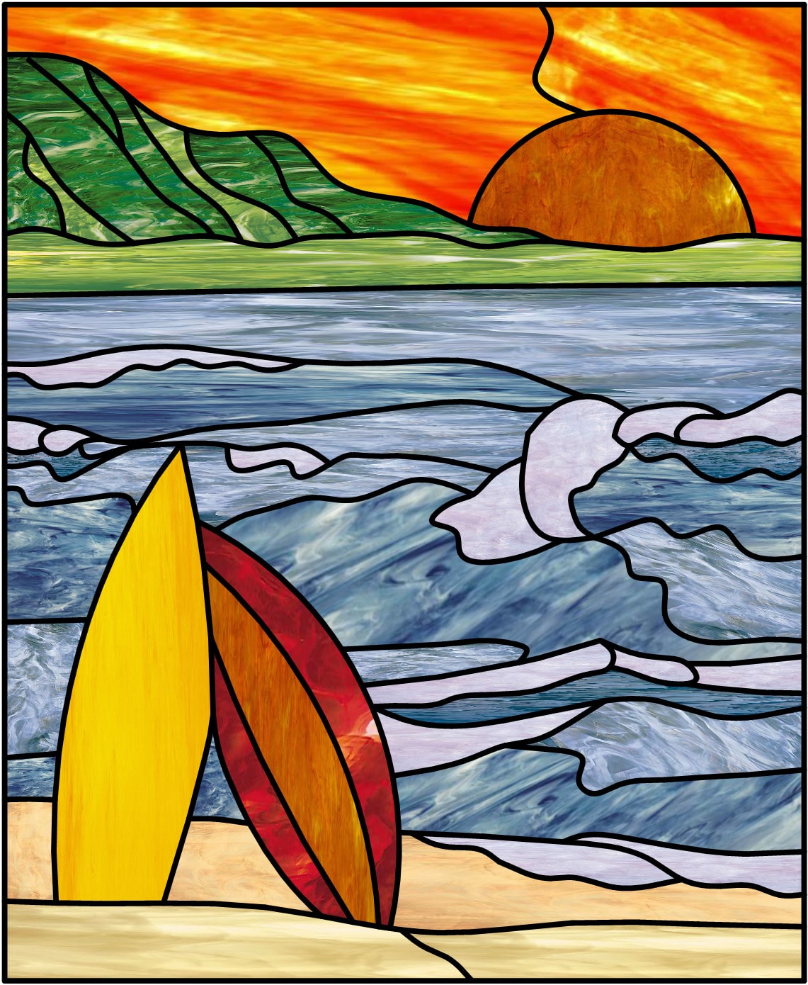 Surfboards And Sunset Stained Glass Window Panel Also Available Insulated And Pre Installed In