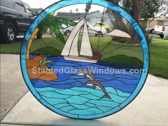 Stained Glass Sailboat And Ocean Window 8053