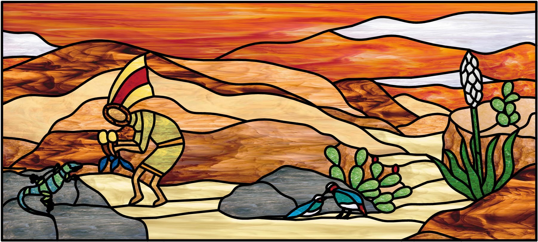 Awesome! Kokopelli, Lizzard & Desert Quail Leaded Stained Glass Panel