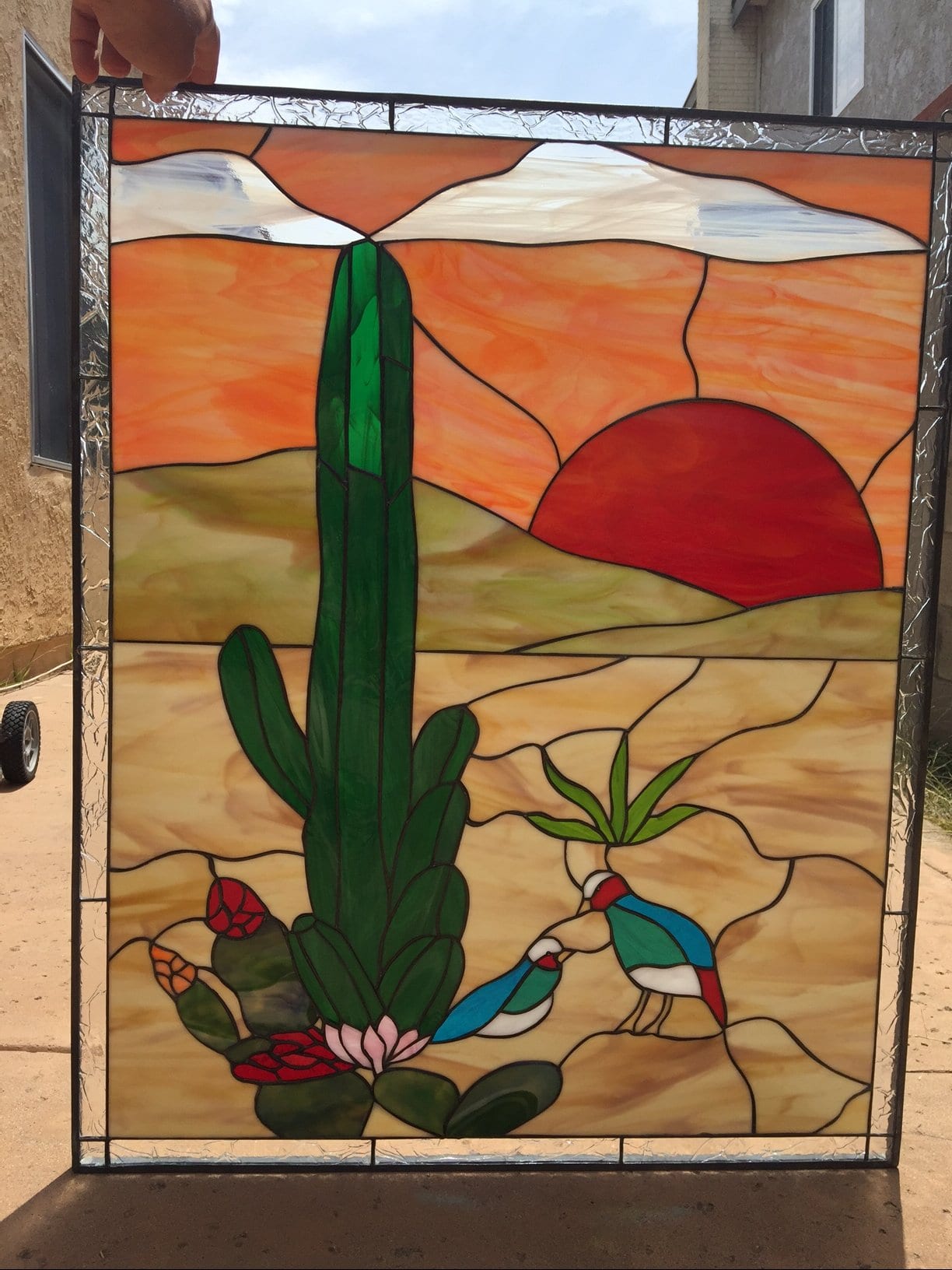 Southwestern Lovely Desert Quail And Cactus Leaded Stained Glass Window Panel Also Available