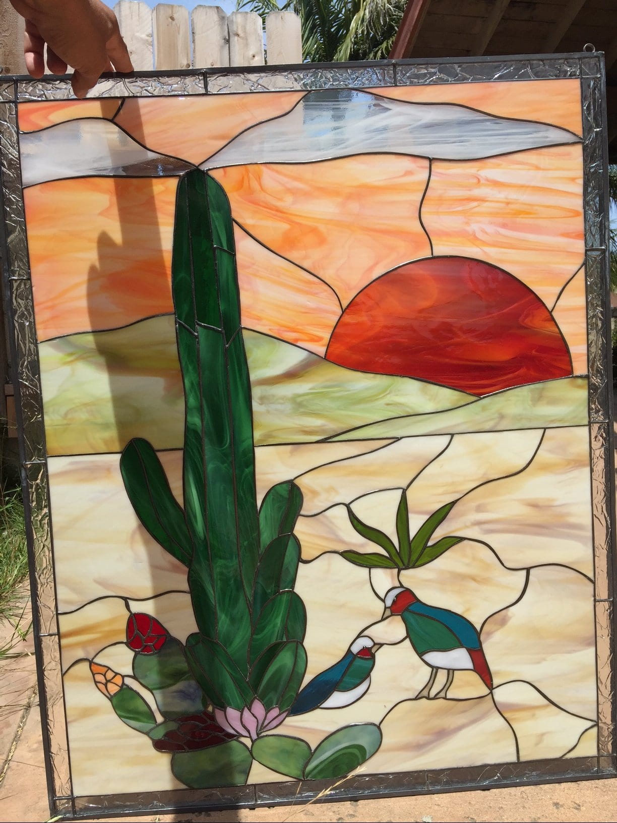Southwestern Lovely Desert Quail & Cactus Leaded Stained Glass Window