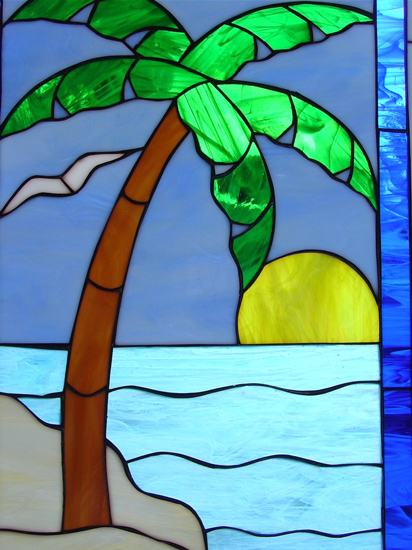 Palm Tree Sun And Seagulls Leaded Stained Glass Window Panel 4409