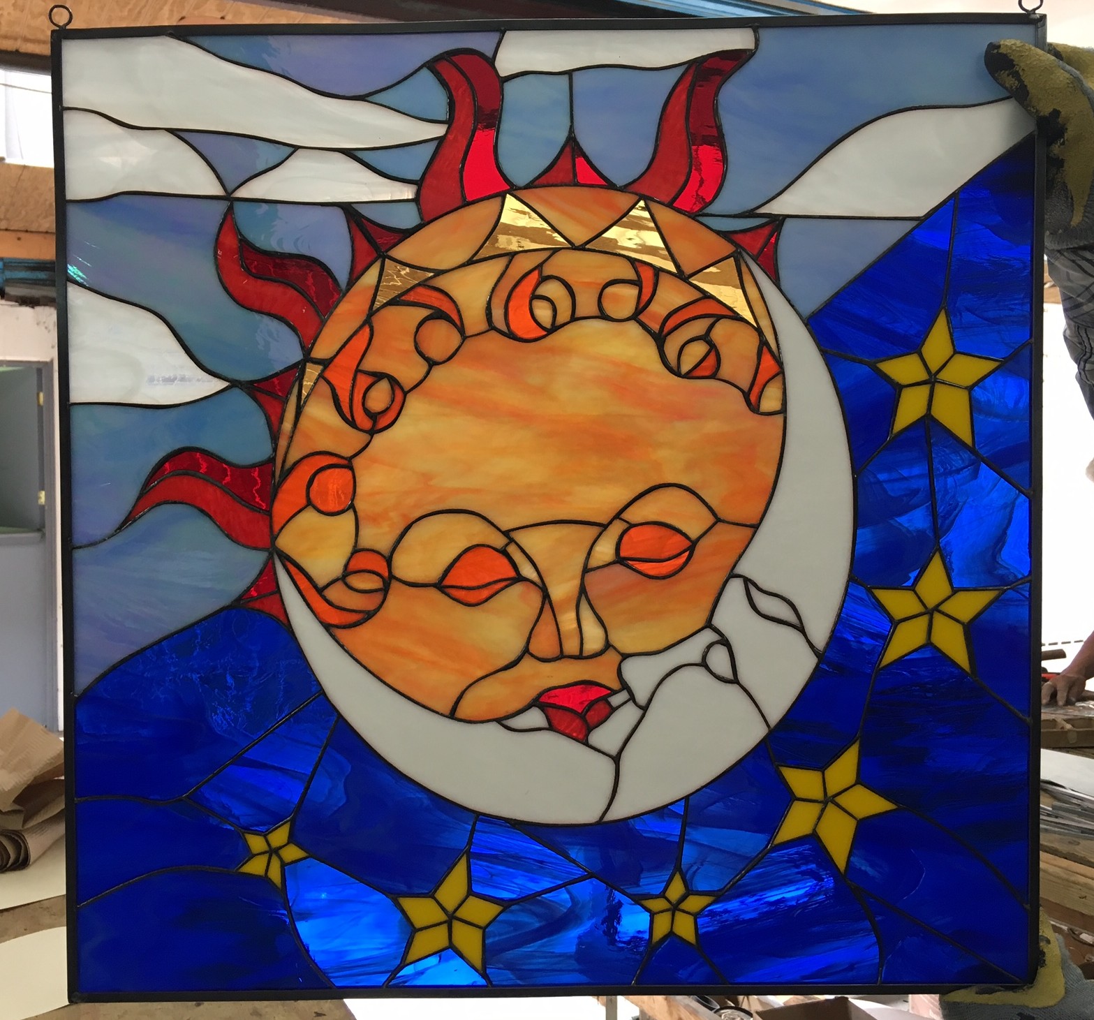 Beautiful Kissing Sun Moon Leaded Leaded Stained Glass Window Panel