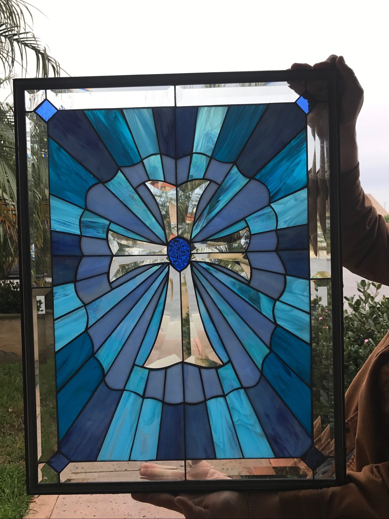 Beautiful Blue Cross Stained Glass Window Panel Or Cabinet