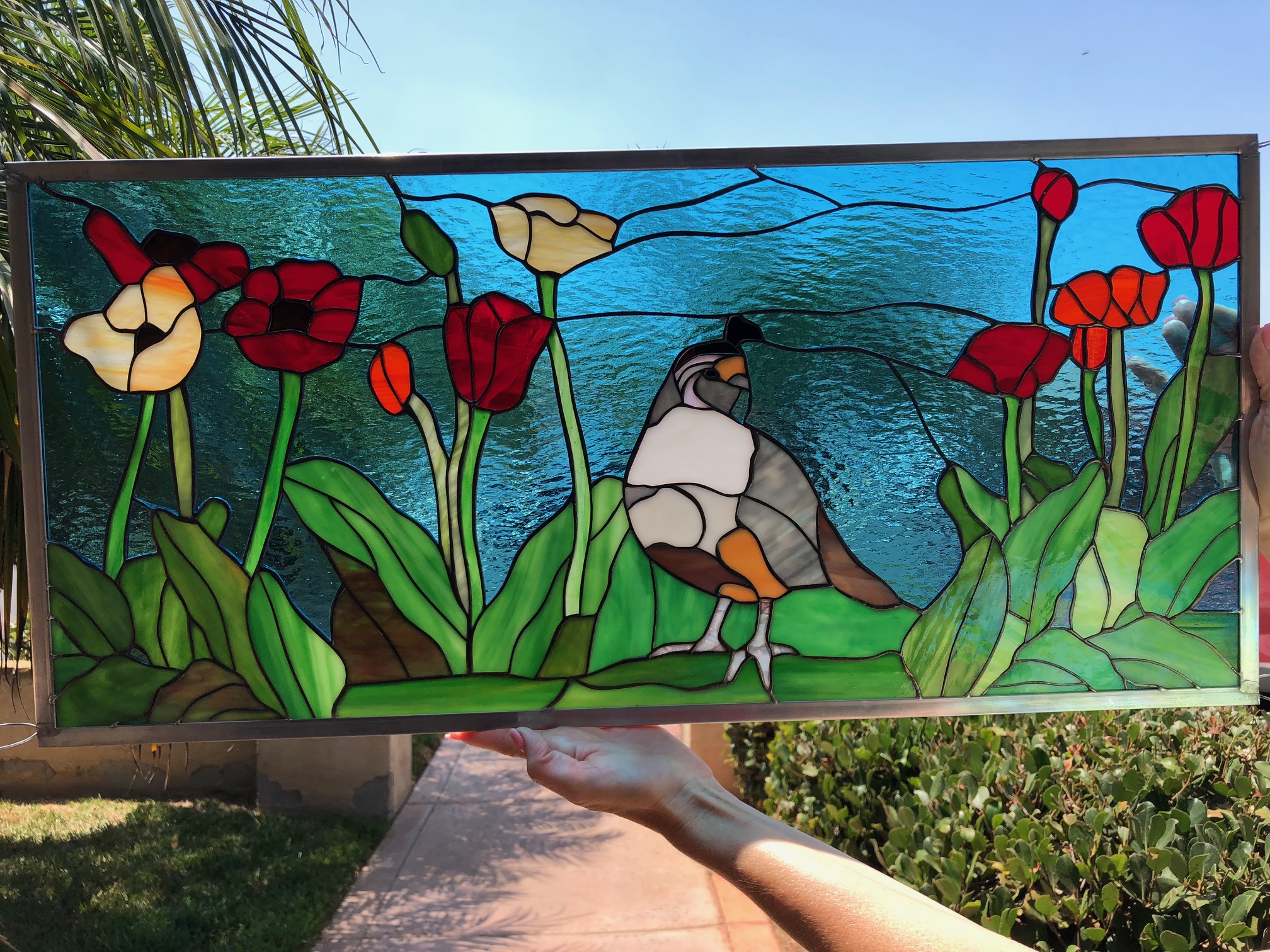 Lovely Quail & Poppies Leaded Stained Glass Window Panel