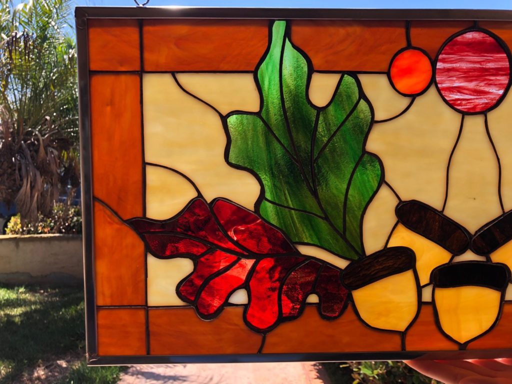 Autumn Leaves & Acorns Leaded Stained Glass Window Panel