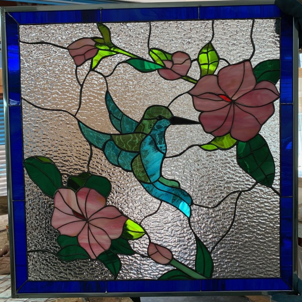 Hibiscus Feeding Hummingbird Leaded Stained Glass Window Panel