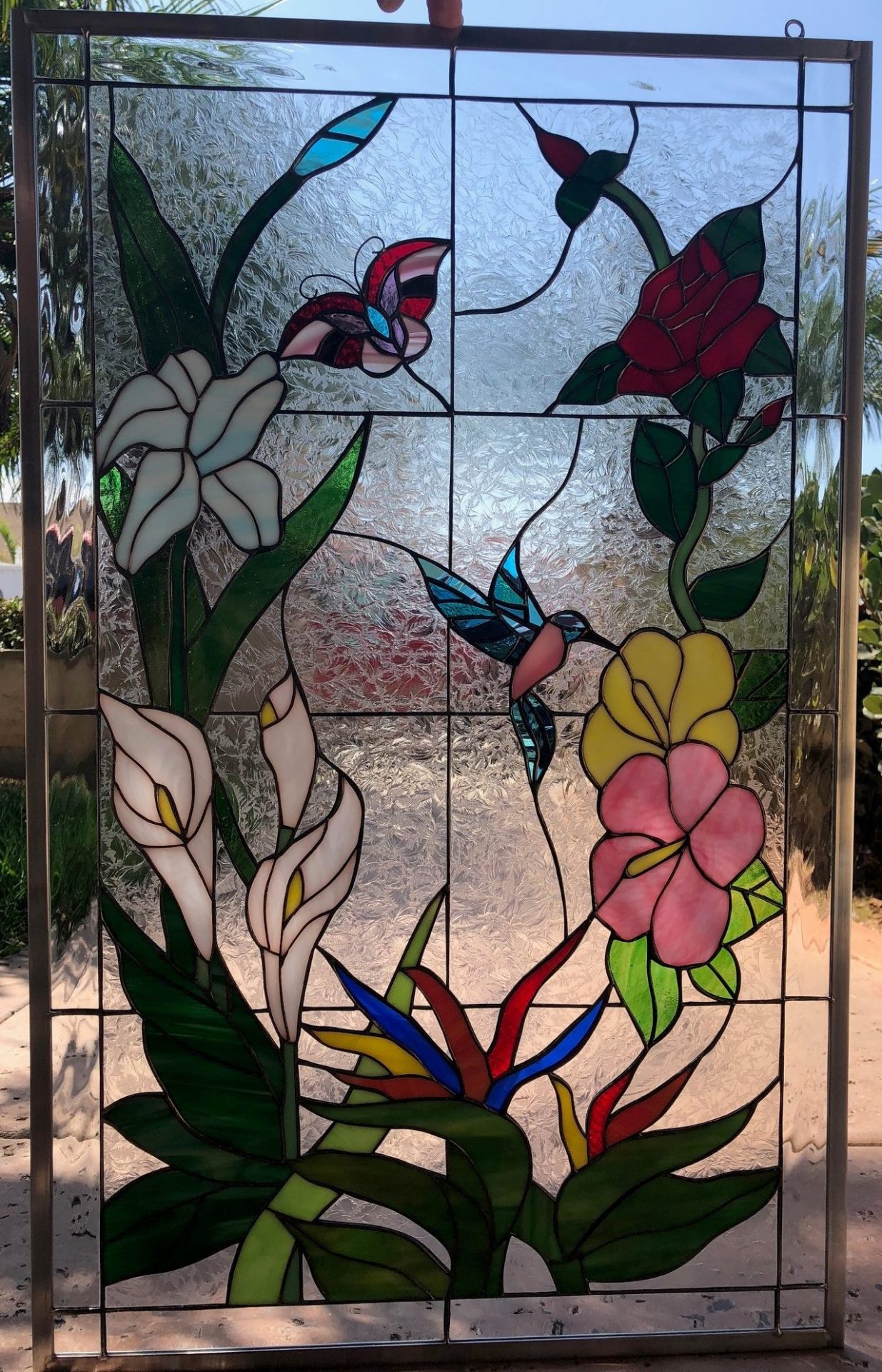 Hummingbird with Red Flower Leaded Stained Glass Wind Chime