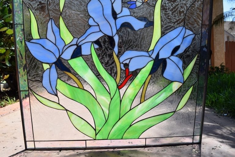 So Pretty Iris And Butterfly Leaded Stained Glass Window Panel