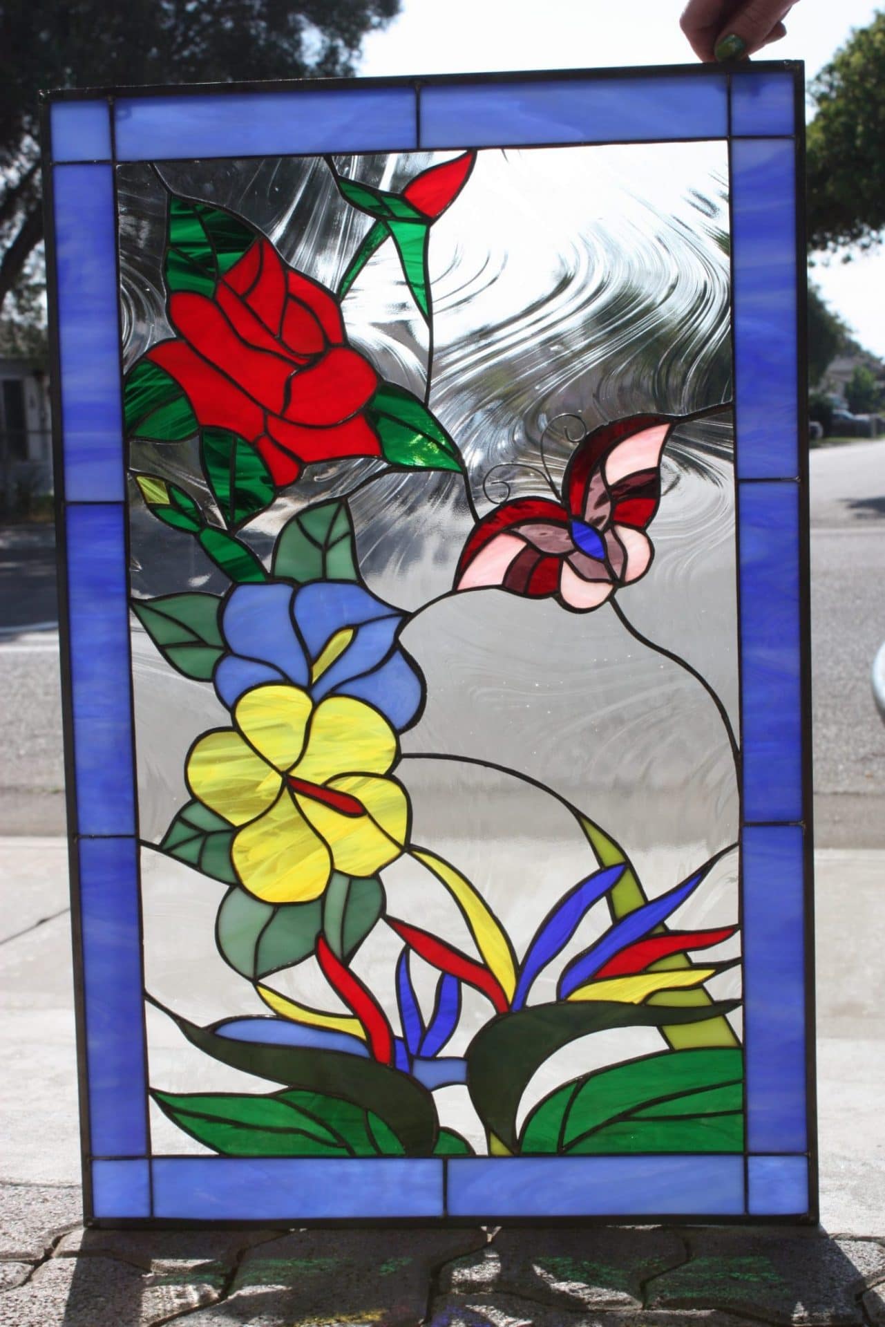 Butterfly & Blossoms Leaded Stained Glass Window Panel