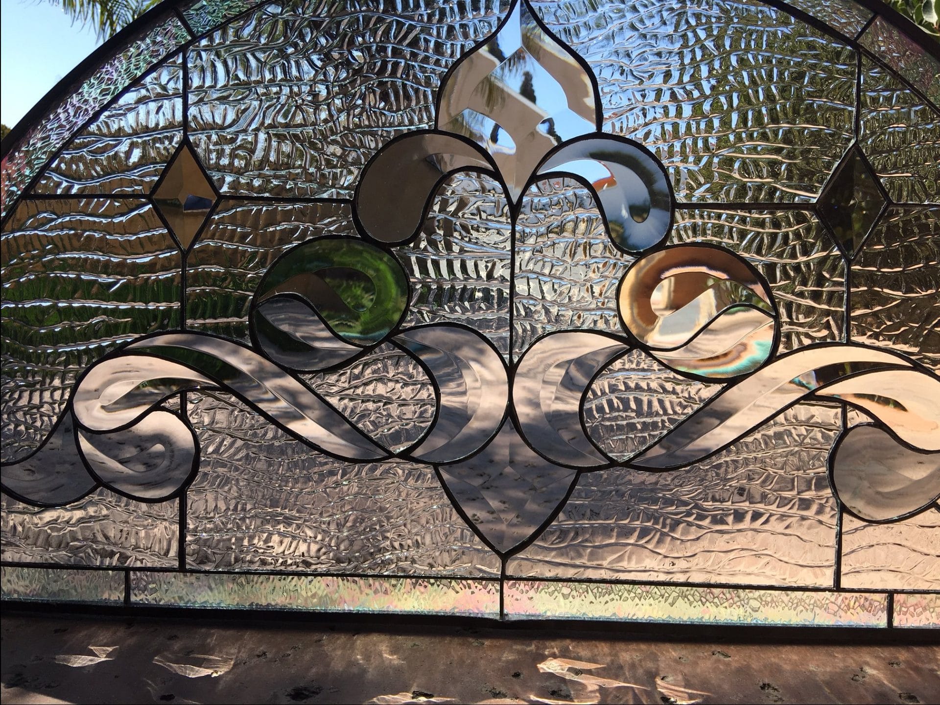 The "Glendale" All Clear Arched Beveled Leaded Stained Window Glass Panel