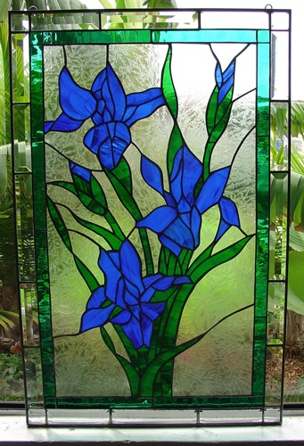 E1517~ Vintage Leaded 2024 Stained Glass Window Panel Purple Yellow Irises 20