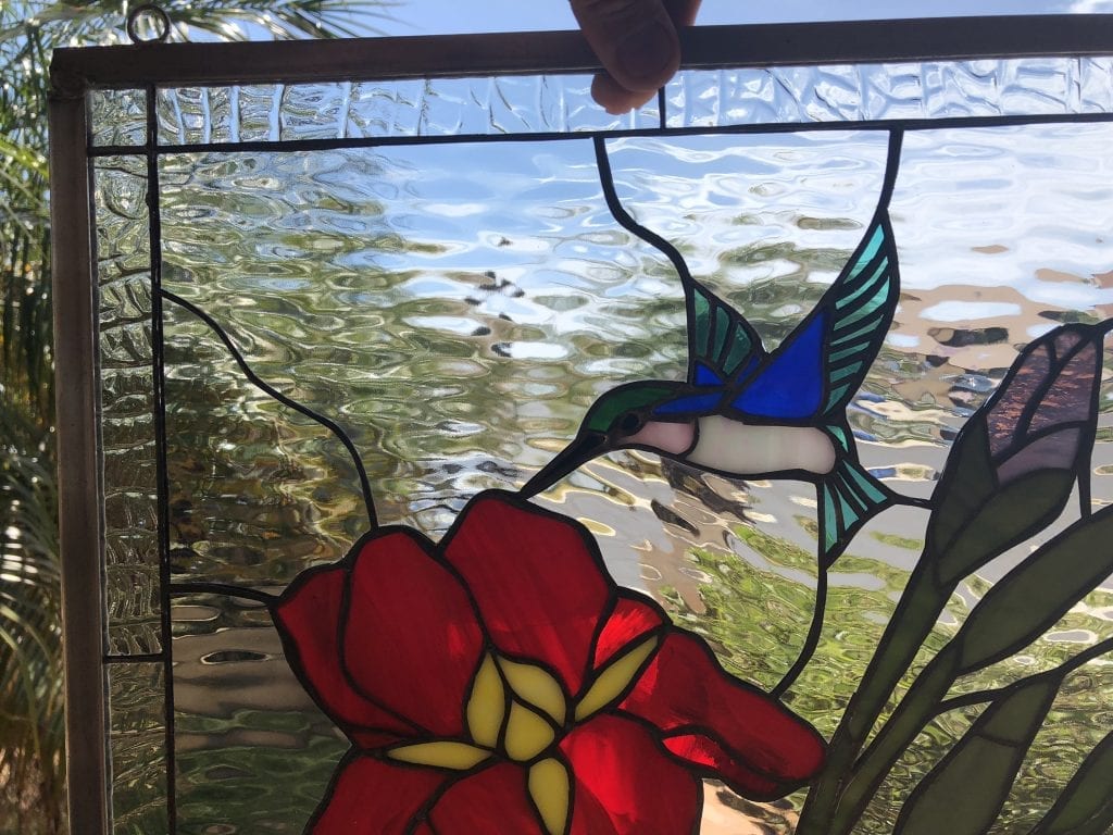 Gorgeous! Iris & Hummingbird Leaded Stained Glass Window Panel