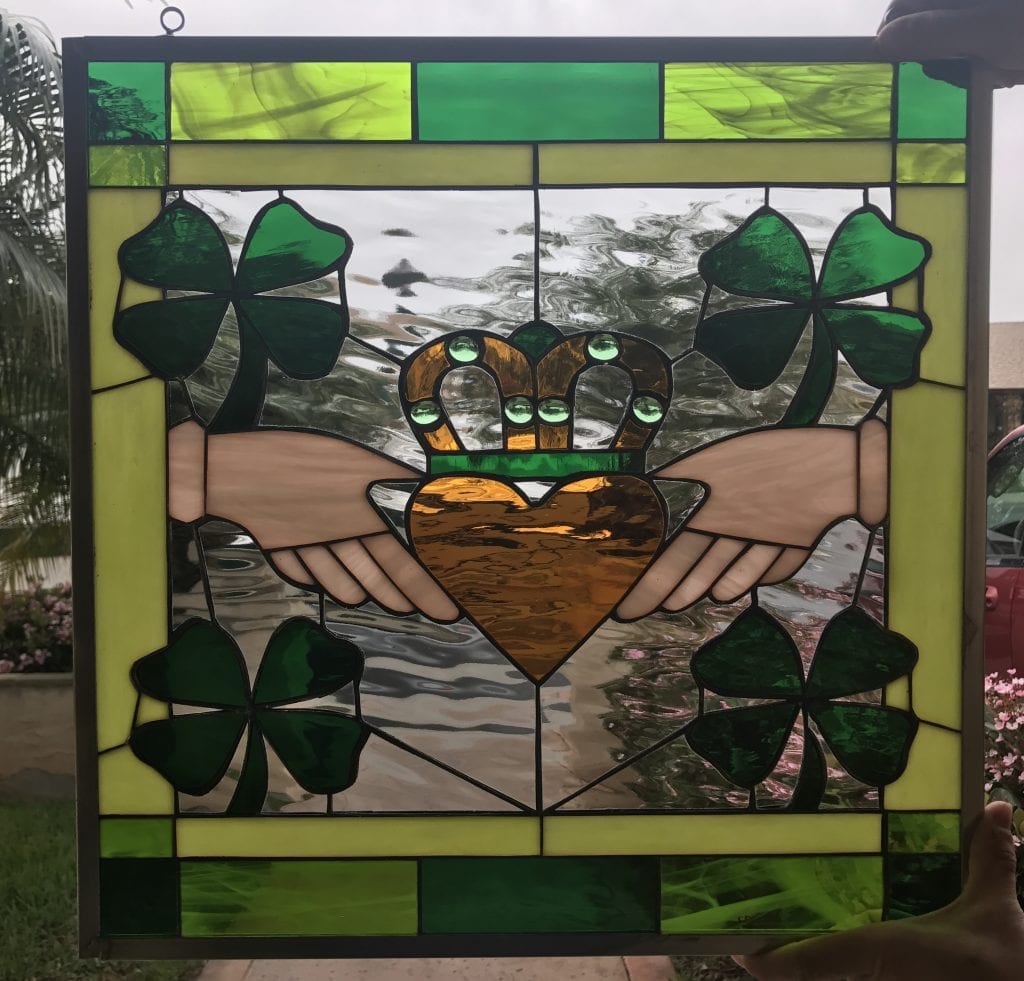 Irish Claddagh Ring Leaded Stained Glass Window Panel