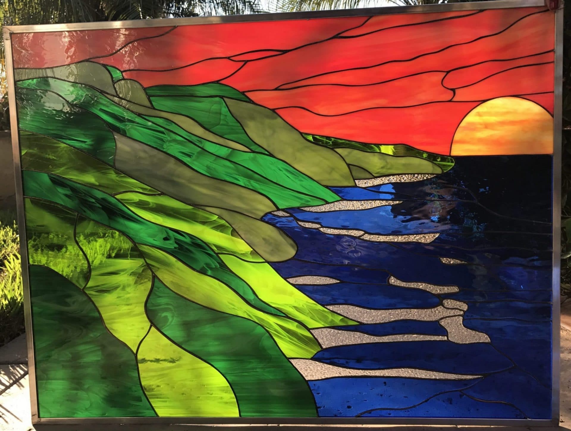 All Original! Hawaiian Coastline & Sunset Leaded Stained Glass Window Panel