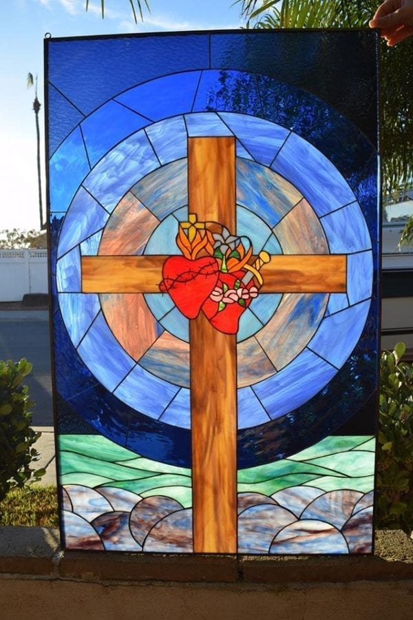 Unique Cross And Hearts Leaded Stained Glass Window Panel Or Cabinet Insert