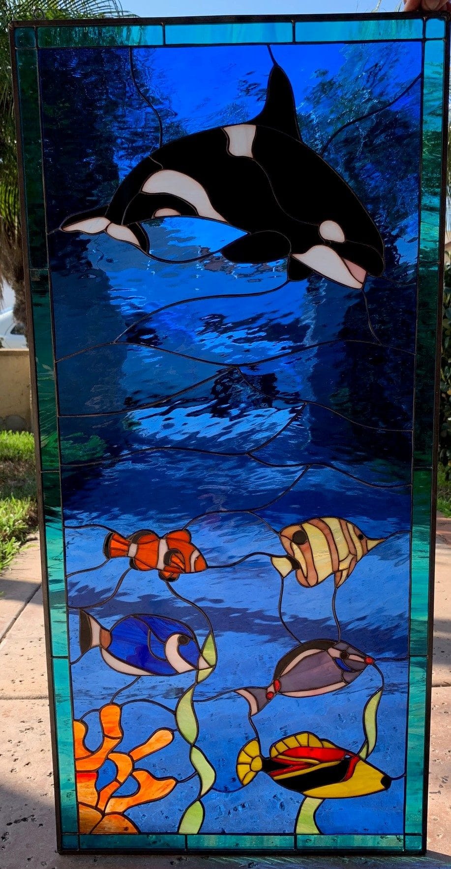 Orca whale & Clown, & Triggerfish Stained Glass Window Panel