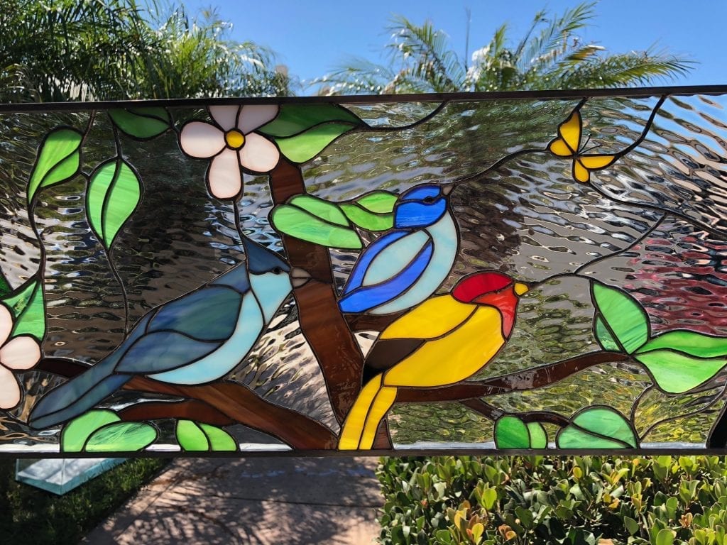 Colorful! Bird Gathering #2 Transom Stained Glass Window