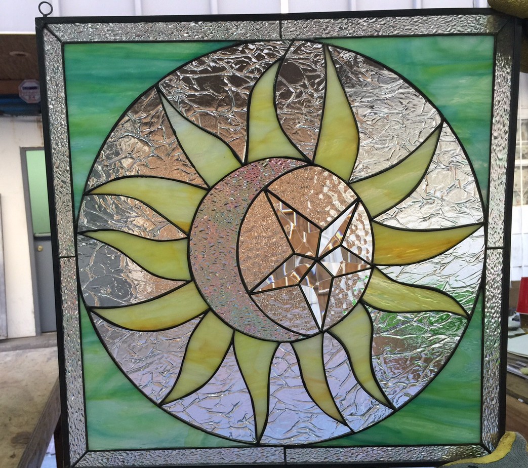 Mystical Sun Moon Beveled Star Leaded Stained Glass Window