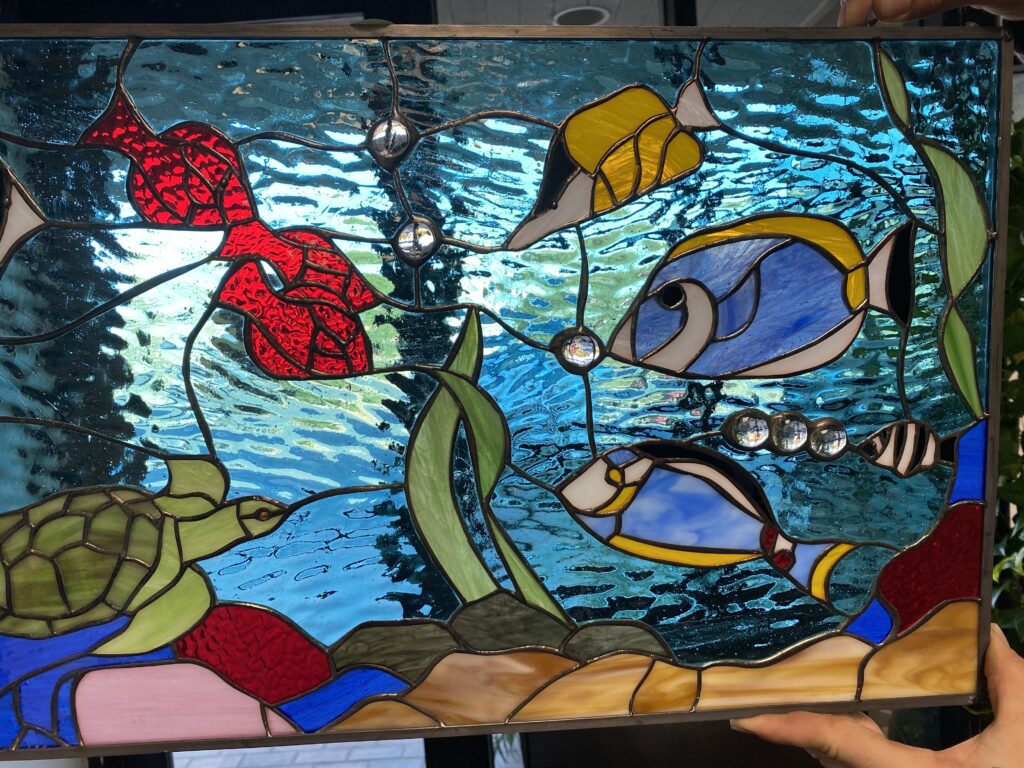 Vibrant! Turtle, Triggerfish and Coral Sea Life Stained Glass Window