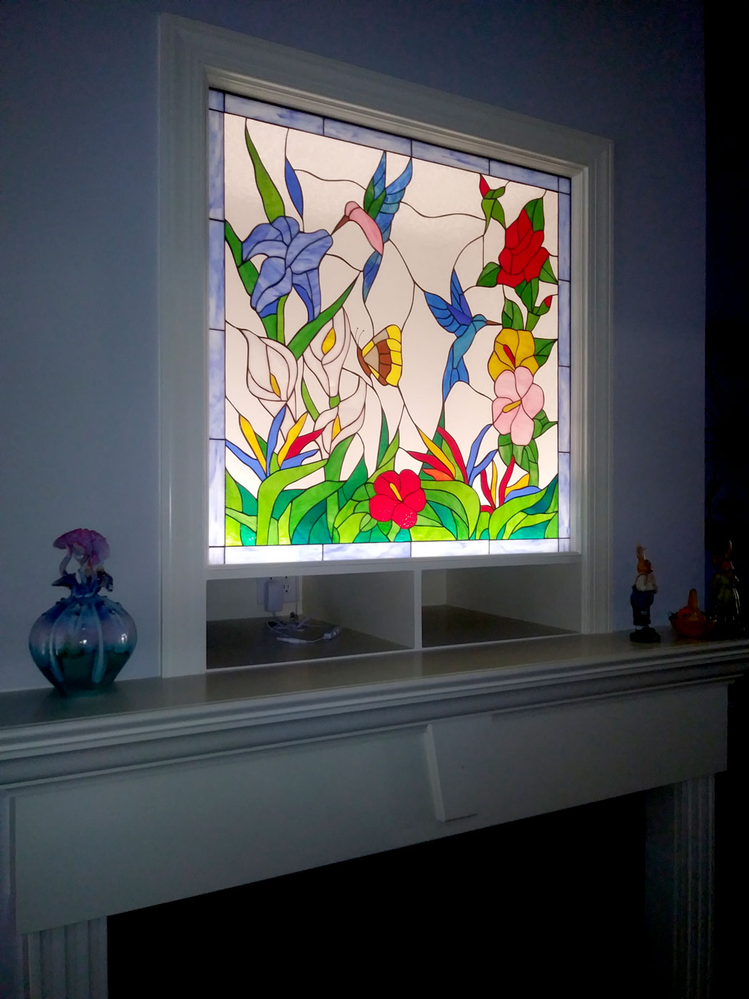 Elegant Hummingbird Butterfly And Flowers Leaded Stained Glass Window