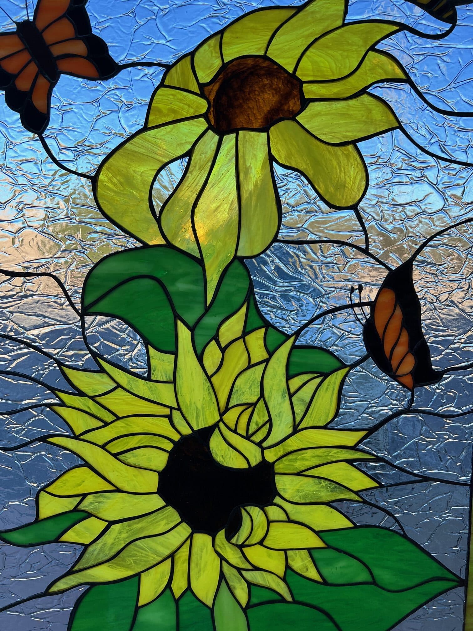 Sunflower, Butterfly & Bumblebee Stained Glass Window Panel